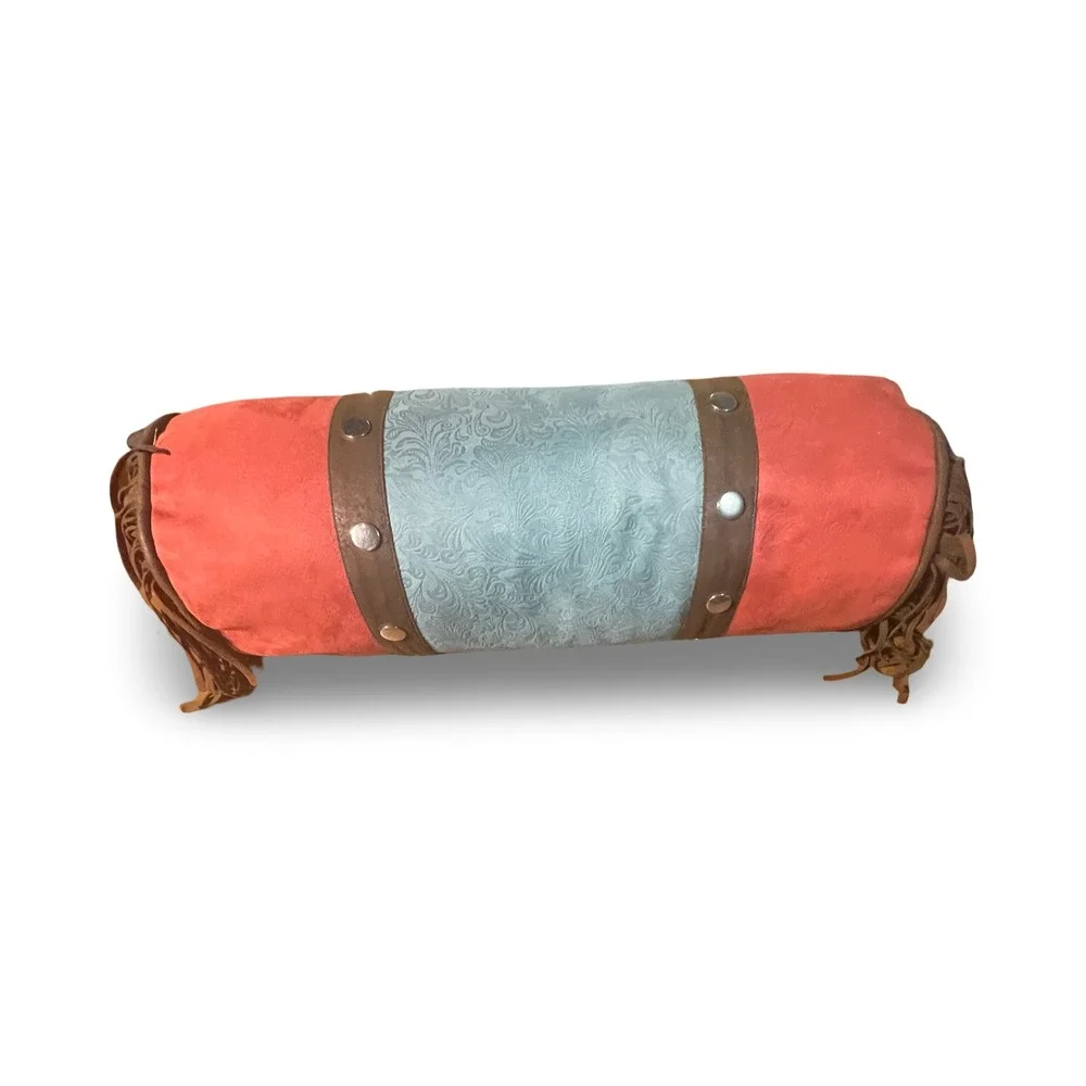 Boho Western Suede Fringe Bolster Pillow Coral Blue Embossed‎ Accent King Size